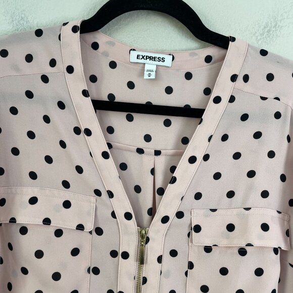 Express Womens Medium Polka Dot Zipper Blouse Blush Pink Roll Tab Sleeve Shirt - Picture 2 of 7